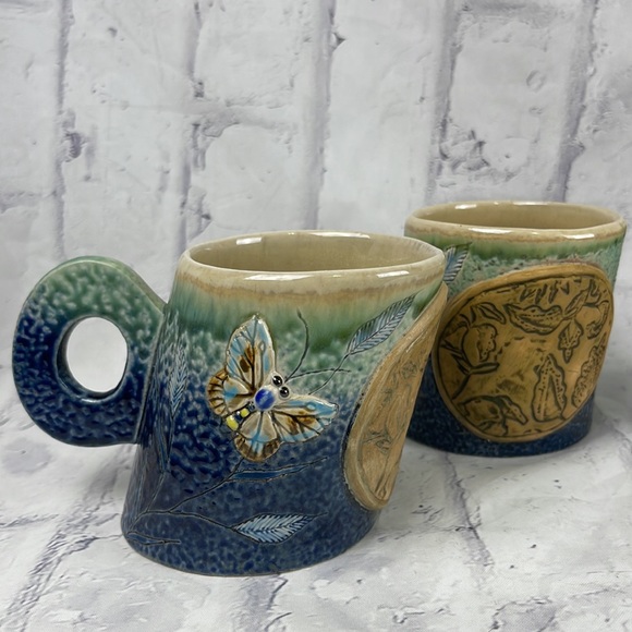 F Widayanto Slanted Ceramic Mugs Set of 4 Artisan Made Ceramic Butterfly Design - Picture 2 of 10